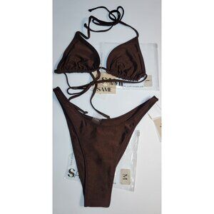 SAME Los Angeles Swim Bikini Set 2Pc Top High Weist Bottom 90s Brown SZ M